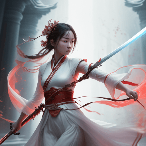 AI generated: the girl is wielding a sword in the background, in the style of xiaofei yue, ethereal images, light ...
