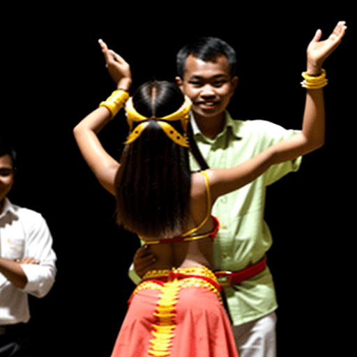 AI generated: A malay girl in tradional dress dancing a guy at her back, the guy holding the girl wrist up in the ...
