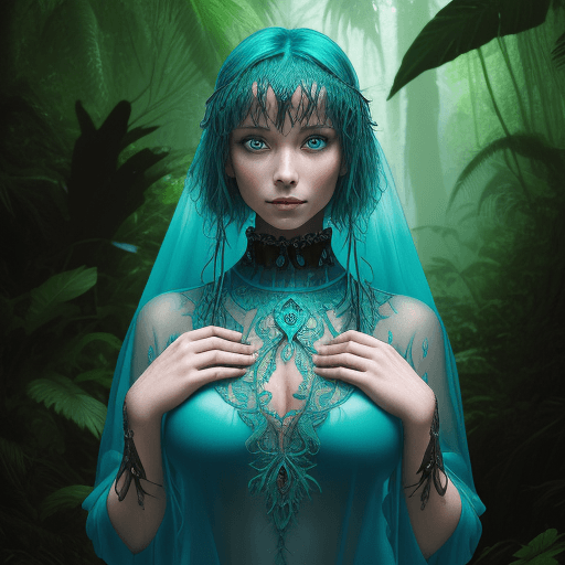 AI generated: Extremely detailed photo of a eupean woman standing above a rainforest, her eyes vibrant teal with a...