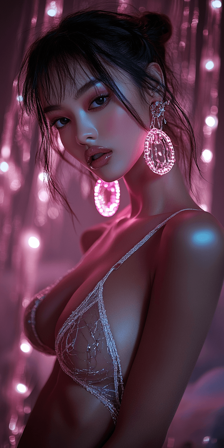 AI generated: A glamorous young woman poses against a backdrop of shimmering pink lights, creating a soft, dreamy ...