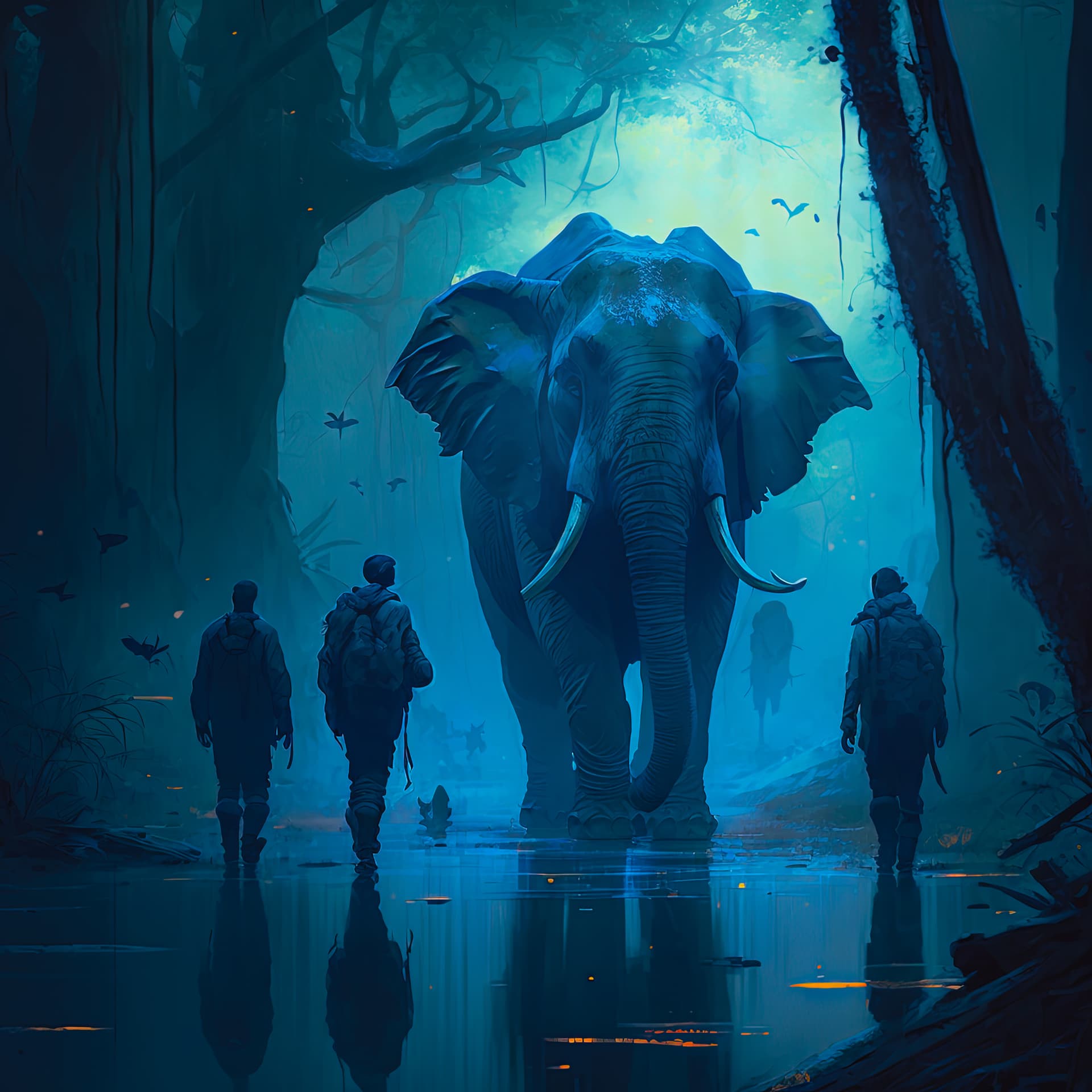 AI generated: elephants walking through a foggy:, misty::, rain forest, volumetric lighting, cinematic composition...