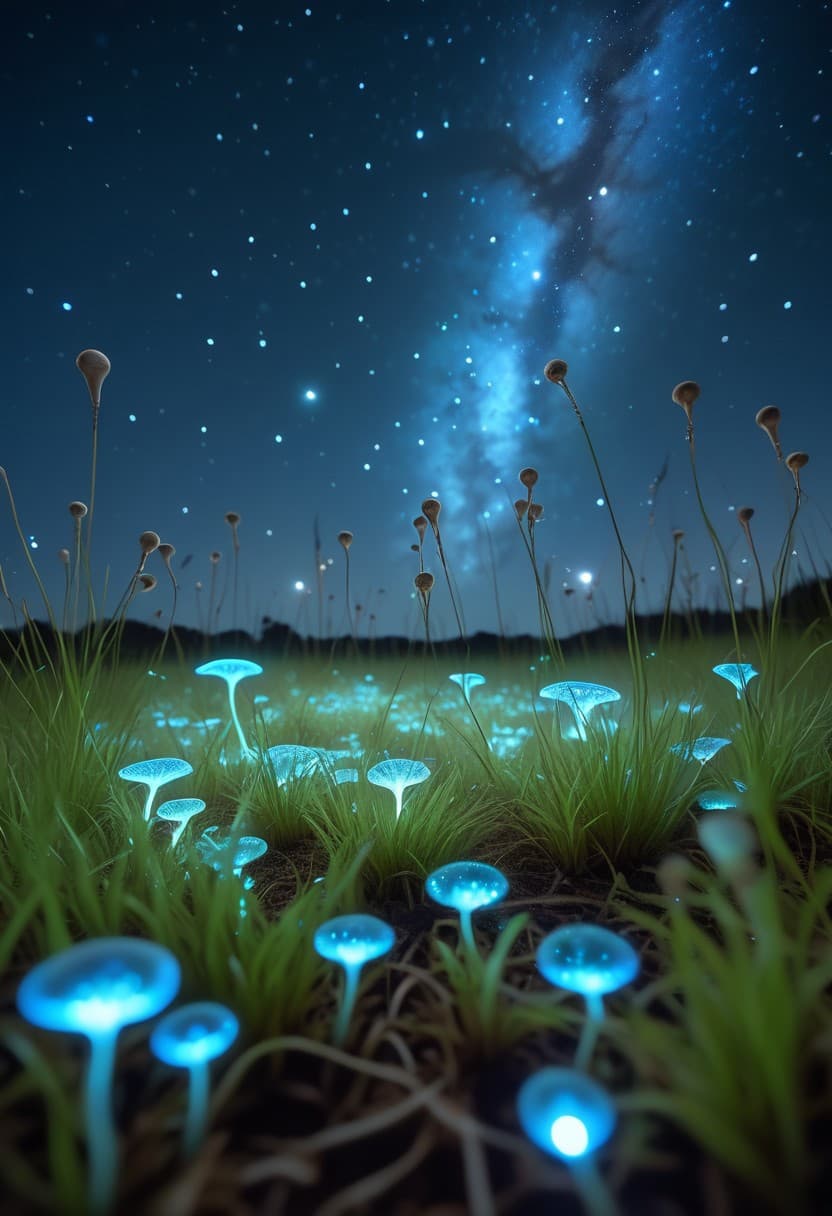 AI generated: A grassy plain under full moonlight, bioluminescent spore-like plants dotting the ground. The Milky ...