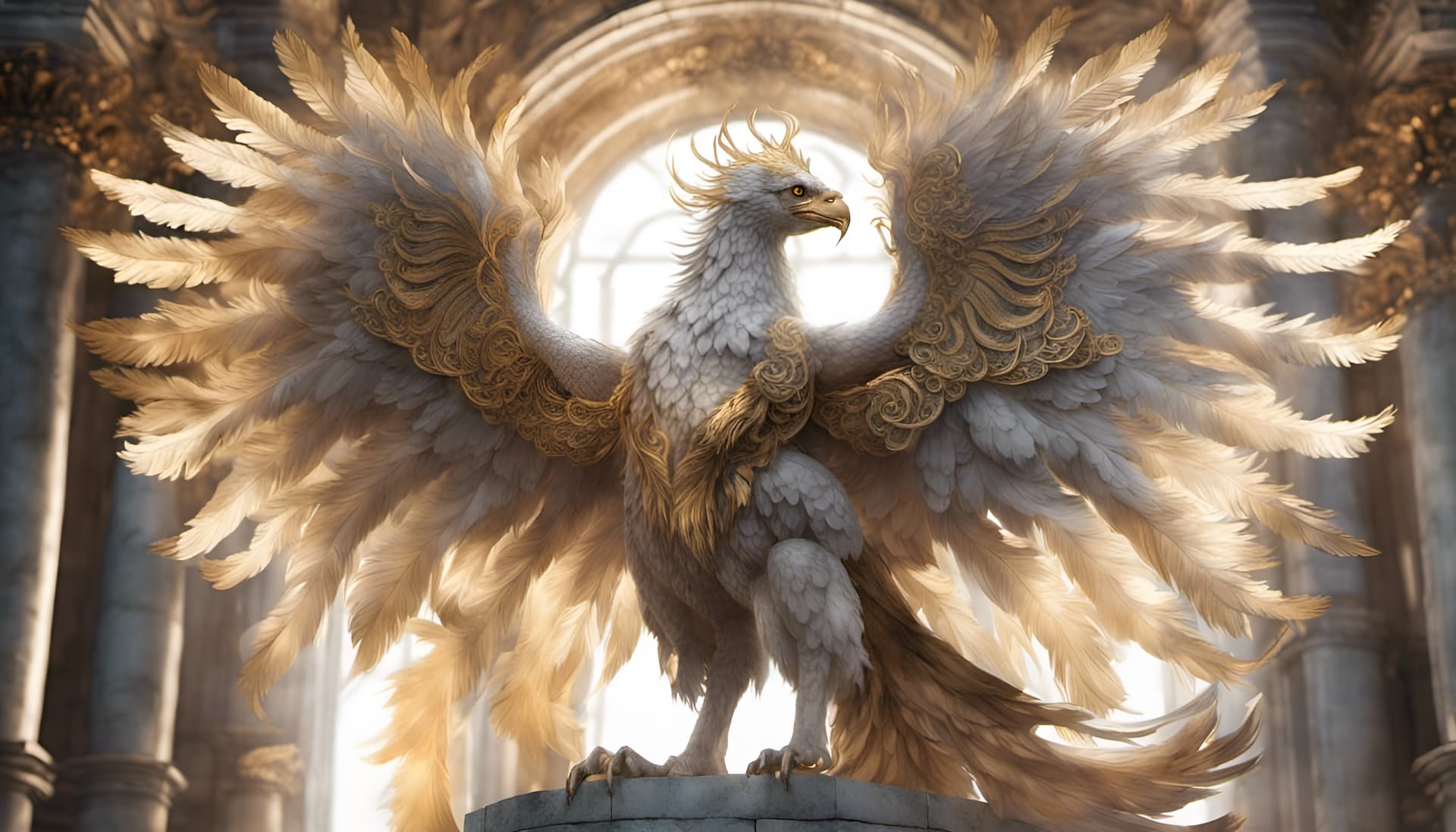 AI generated: magnificent detailed griffin wings, wings outstretched with gold tips on feathers, intricate ornate ...