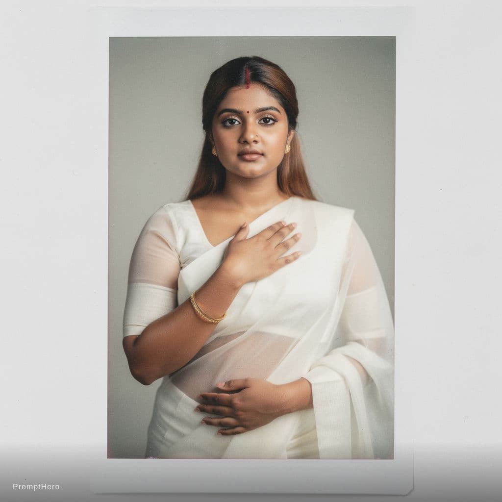 AI generated: nayanthara,  one hand on chest,biting her lip, 18-21 years old, brown hair, Indian hair style, saree...
