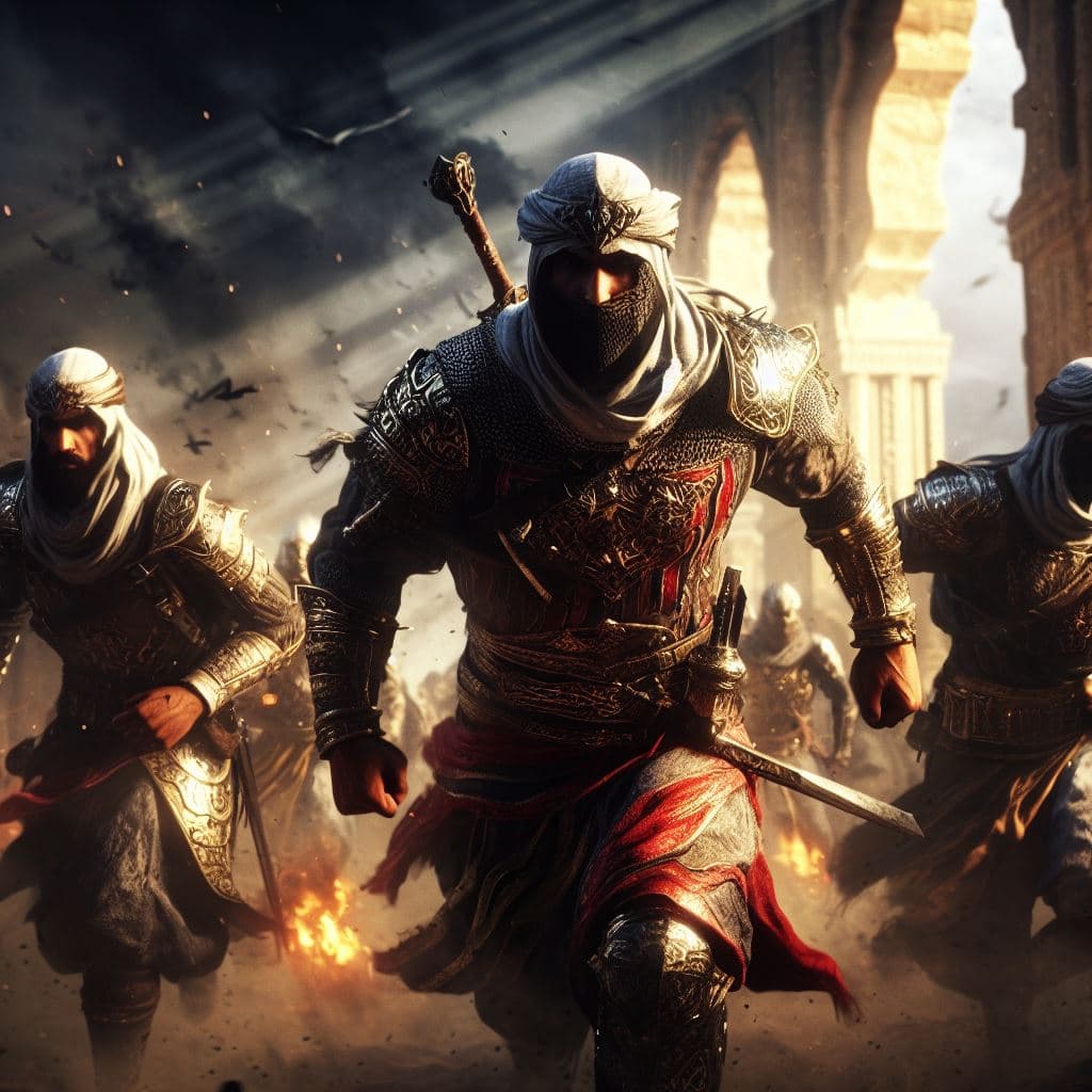 AI generated: arabic warriors\epicbattle, run/pose\slow motion, powerfull\rage\goddes, intricate&armor&weapon, for...