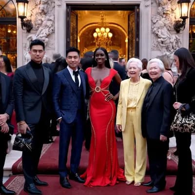 AI generated video: CREATE A VIDEO WITH A DIVERSE GROUP OF ME DRESSED IN HIGH END DESIGNER CLOTHING GATHERED AT THE VERS...