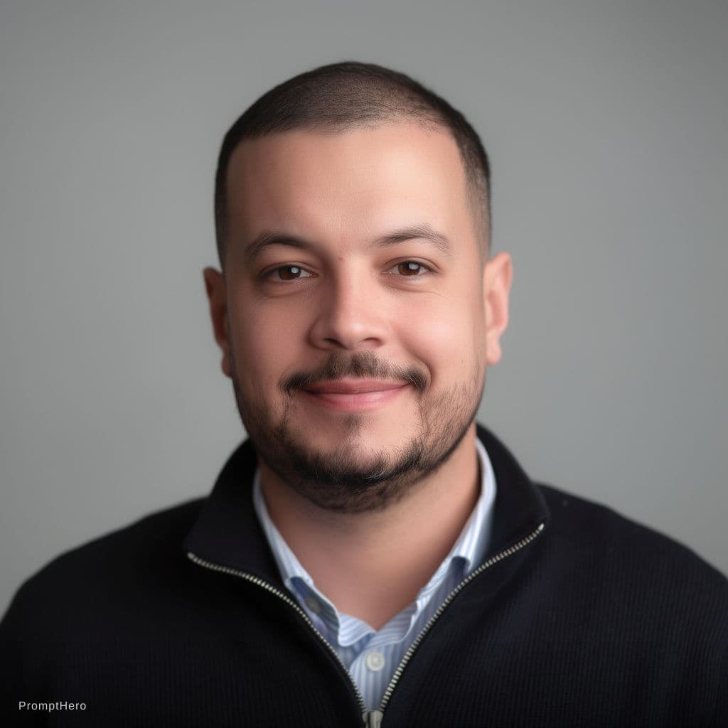 AI generated: professional corporate headshot of a confident young man, well-lit, neutral background, clean and sh...