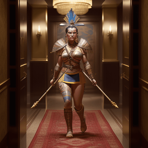 AI generated: A vivid and cinematic photograph of a powerful Incan warrior woman with a bold, short haircut, dress...