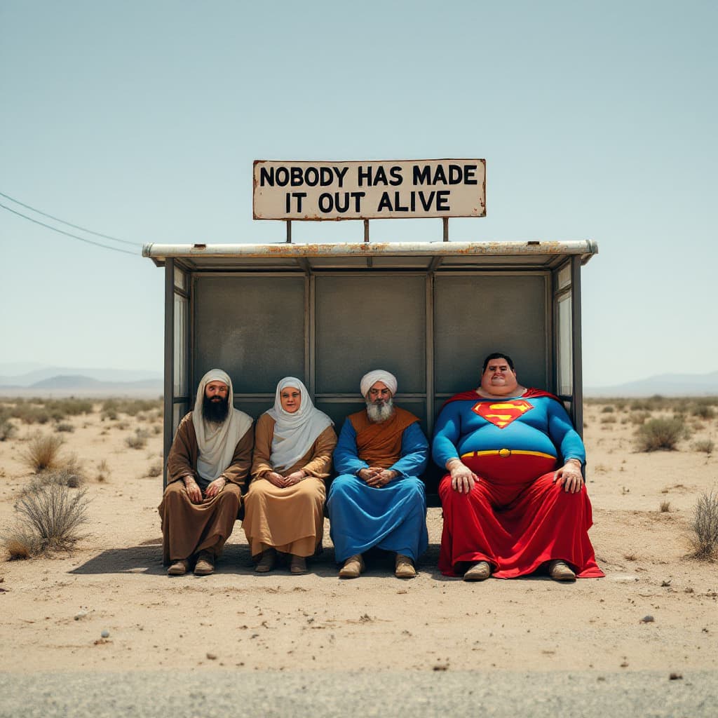 AI generated: Wide shot. In the middle of the desert, at a worn-down bus stop, sit representatives of the world’s ...