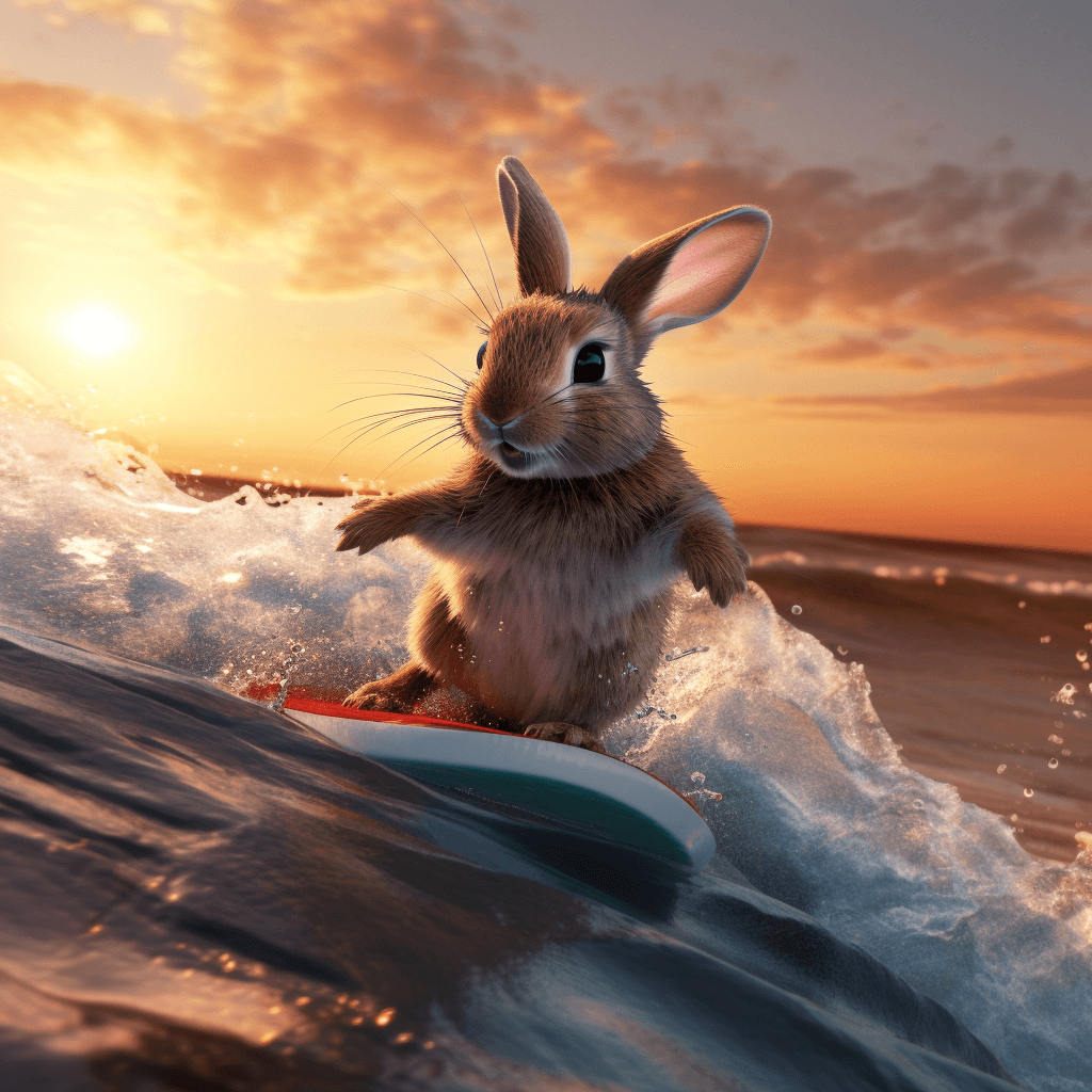 AI generated: photorealistic 32k, baby bunny surfing a wave, cinematic lighting, sunset 