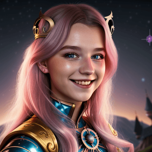 AI generated: junge smiling prinzessin des lichts, weiße kurze Haare, fantasy, gesichtstatto, space, 8k, lichtmagi...