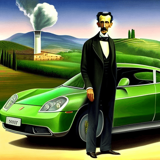 AI generated: Super realistic painting of a 45 years old Nikola Tesla, standing in front of a green Tesla car, wit...