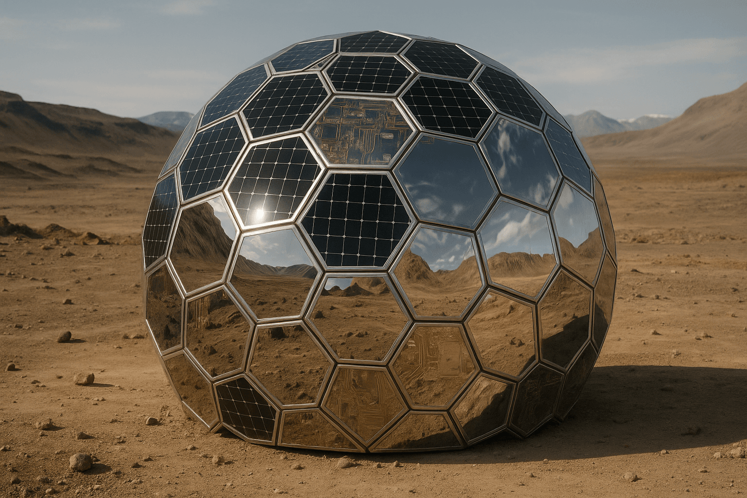 AI generated: A remote scientific outpost, a geodesic dome constructed from interlocking honeycomb pattern panels ...