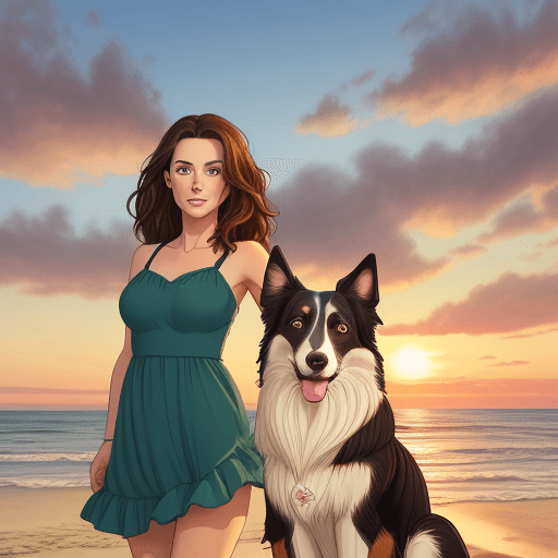 AI generated: Woman, brown hair, blue green eyes, blue dress, with dog, border collie, golden eyes, dark brown, at...