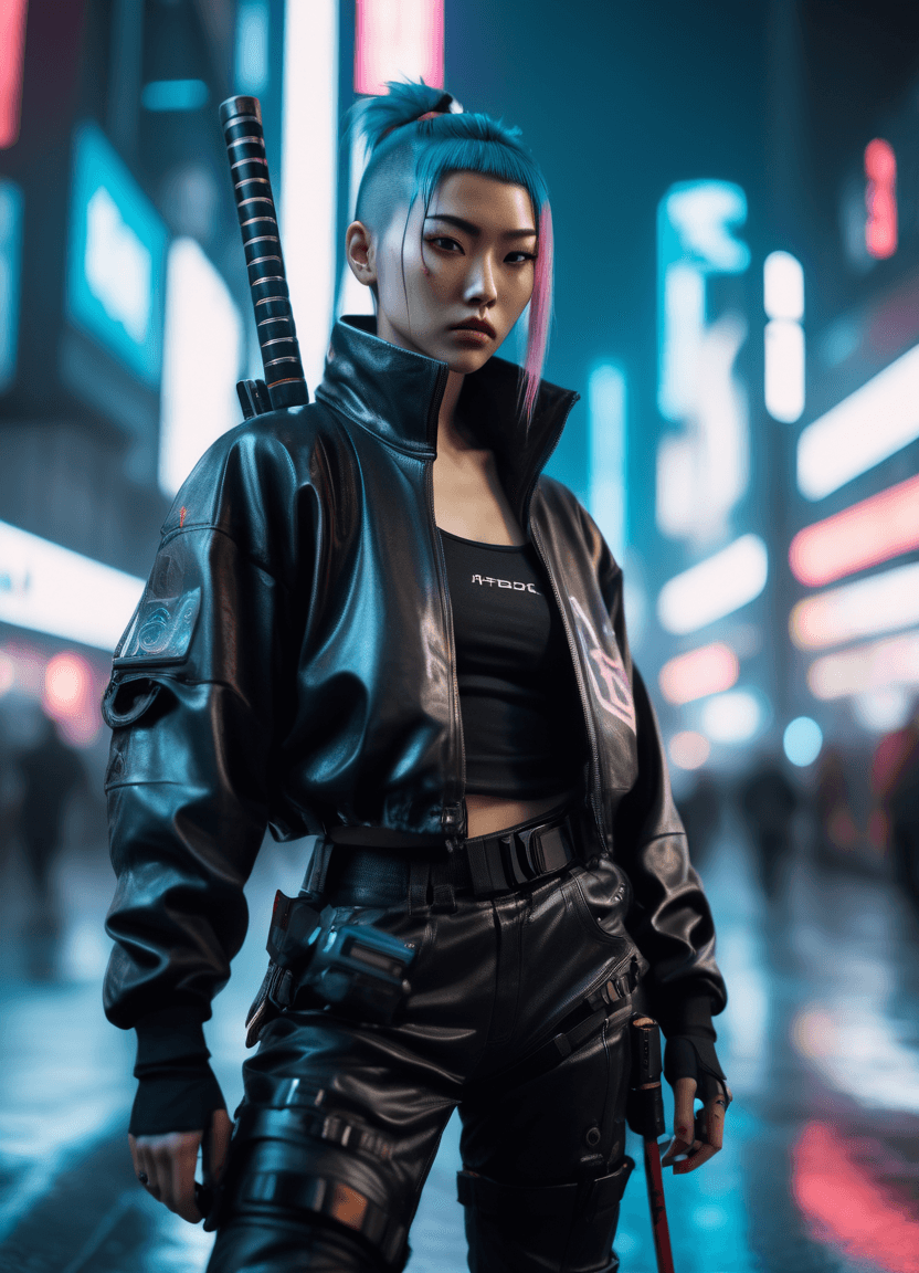 AI generated: Cyberpunk ghostrunner, holding katana, detailed background, 16k, shot with kodak porta, 50mm