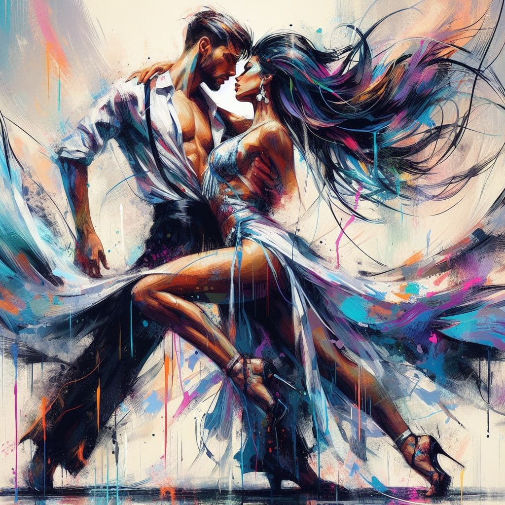 AI generated: aesthetic, painterly style, modern ink, bachata couple dancers, very tight clothes, sensual, eye con...