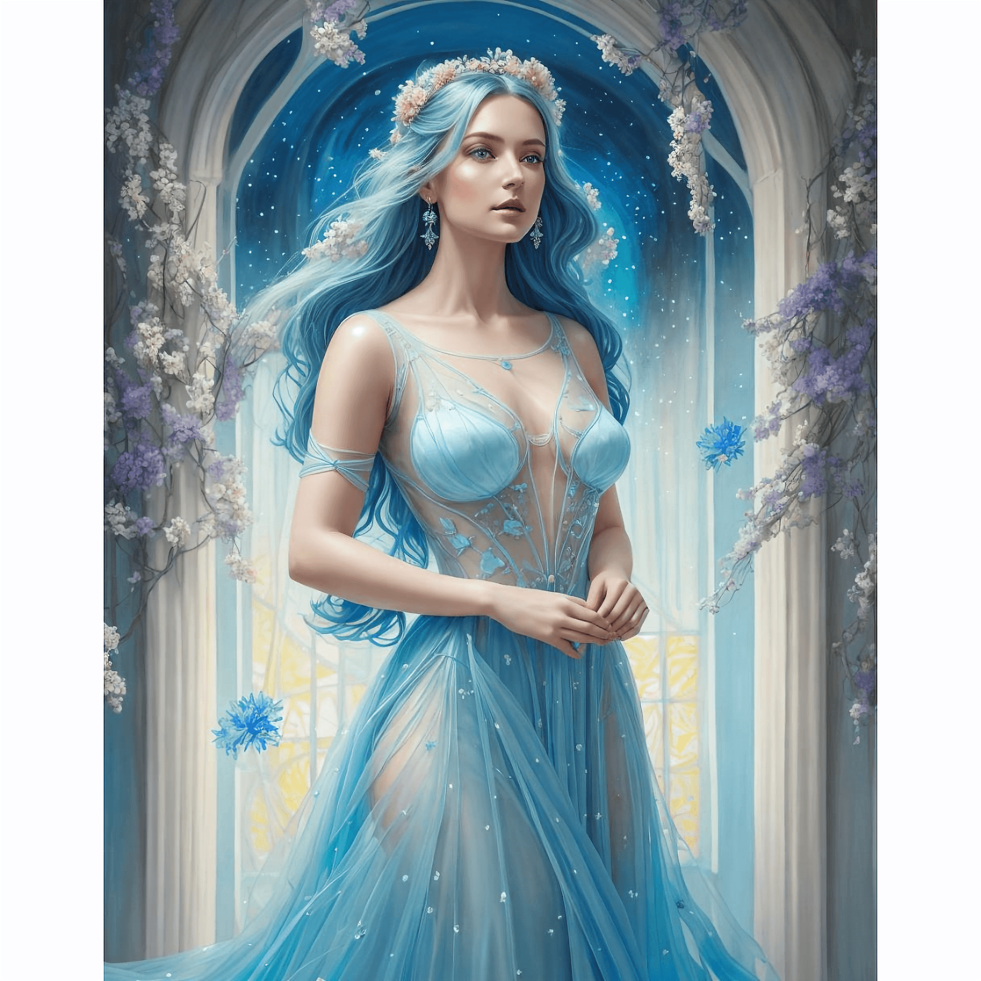 AI generated: painting of woman in light blue transparent resin dress, and lights across her body, with ceramic fl...