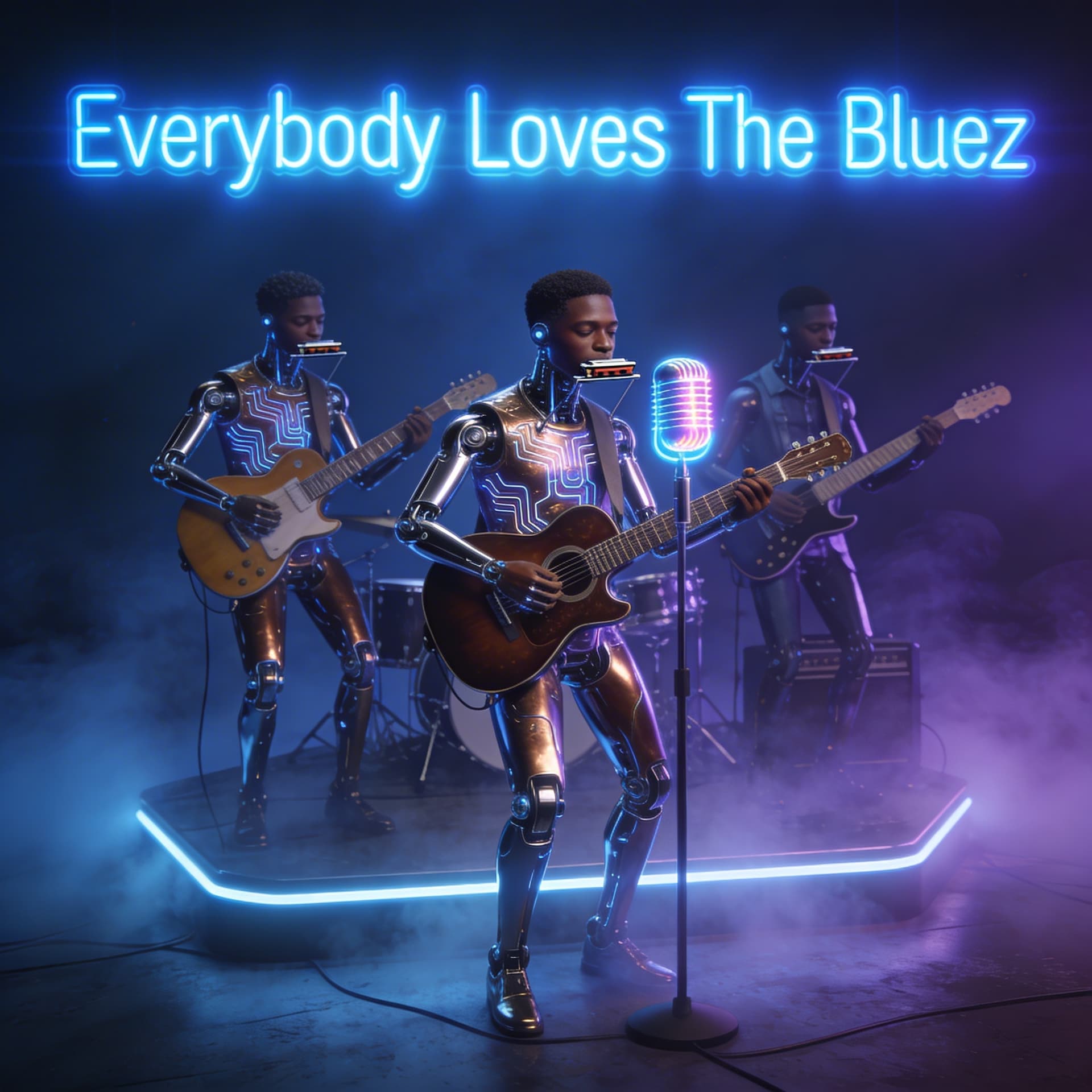 AI generated: A hyper-realistic futuristic scene featuring an Afro American android blues band performing on a sma...
