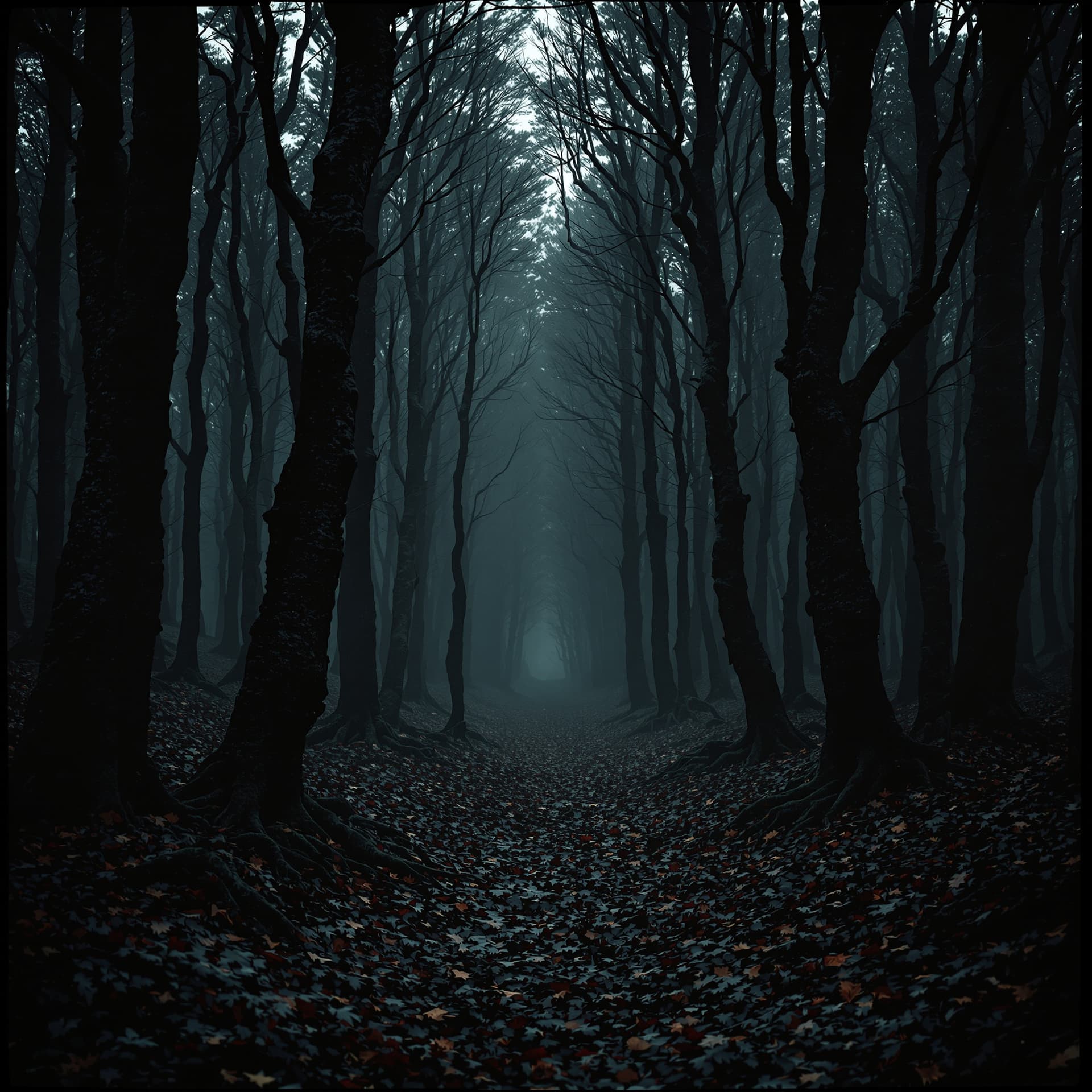 AI generated: A very dark and dense forest, with very tall, thin trees, twisted trunks, and black and reddish leav...