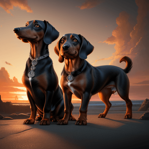 AI generated: Photo of two dachund dogs painted brown and black ultra realistic, dramatic light, sunrise, cinemati...