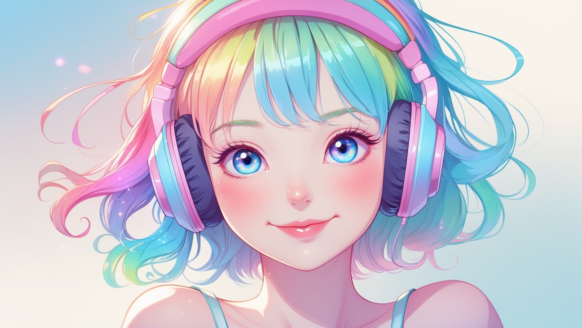 AI generated: This prompt creates a vivid anime-style portrait of a cheerful girl with colored hair, expressive ey...