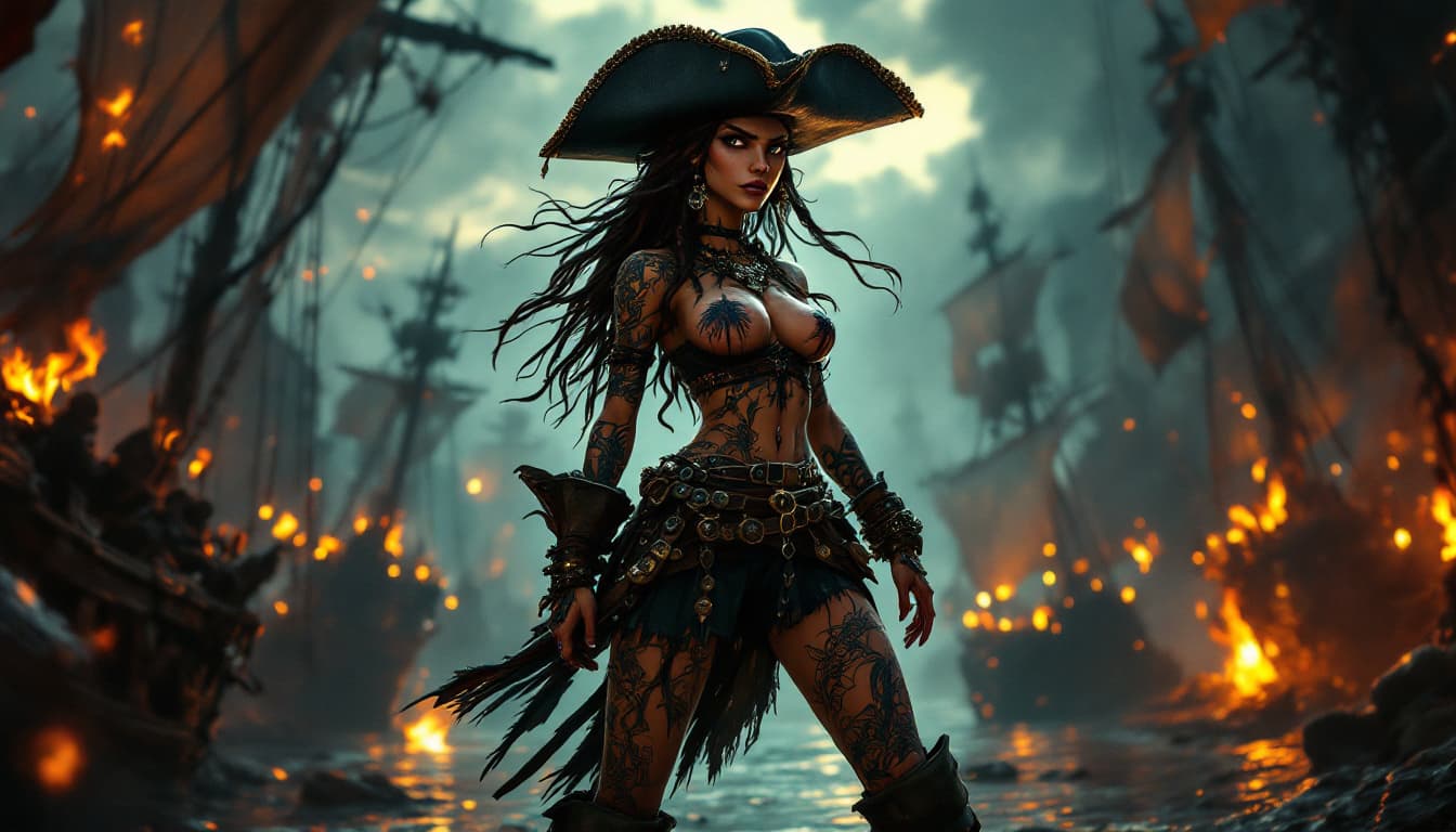 AI generated:  animation, cartoon, Full body with foot view A commanding Native Caribbean pirate captain stands ta...