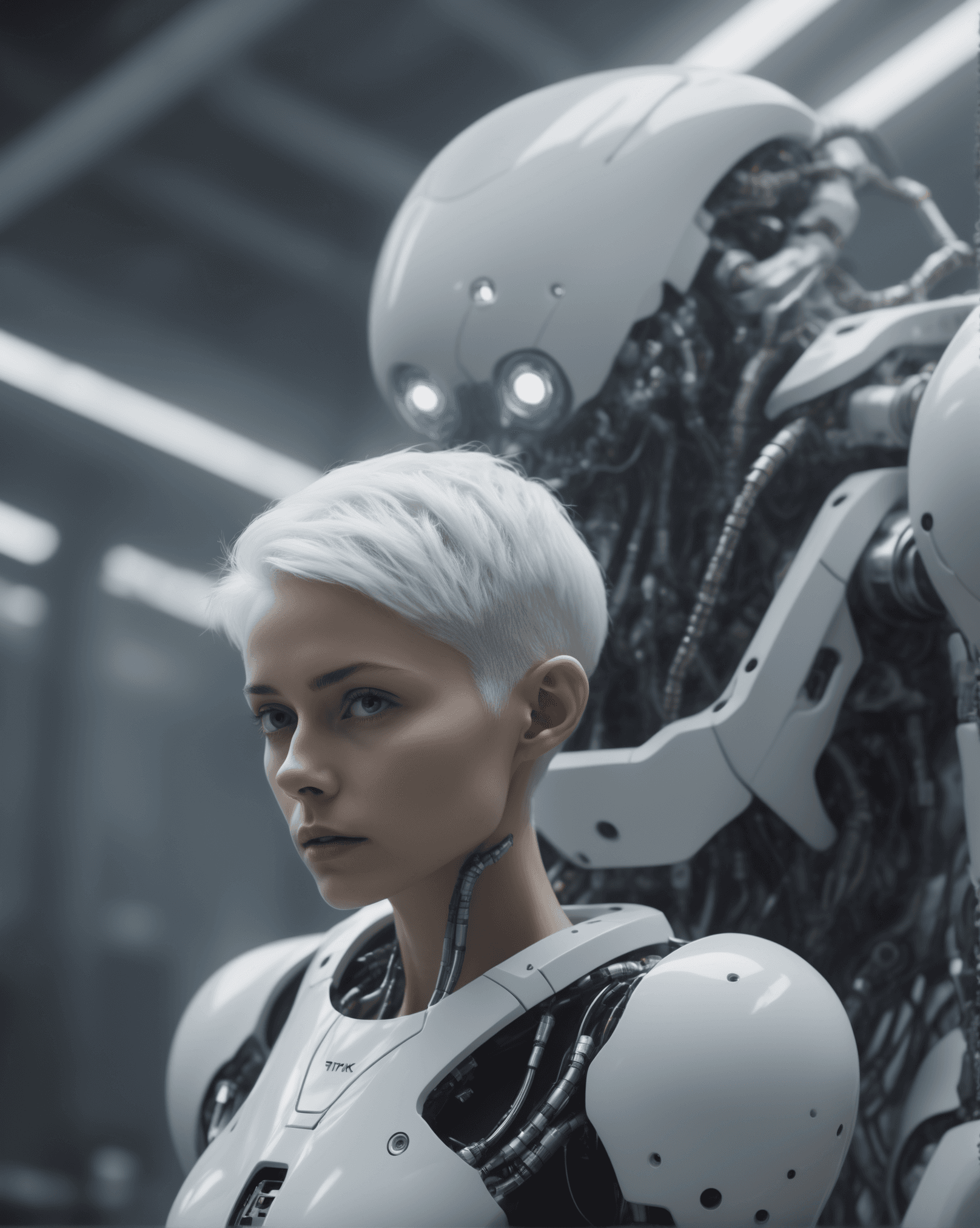 AI generated: white hair, masterpiece, (cinematic candid portrait:1.1), strange body with complex system equipment...