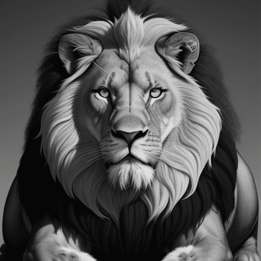 AI generated: An ultra realistic lion, imposing, sitting with one paw above the other in black and white with blue...