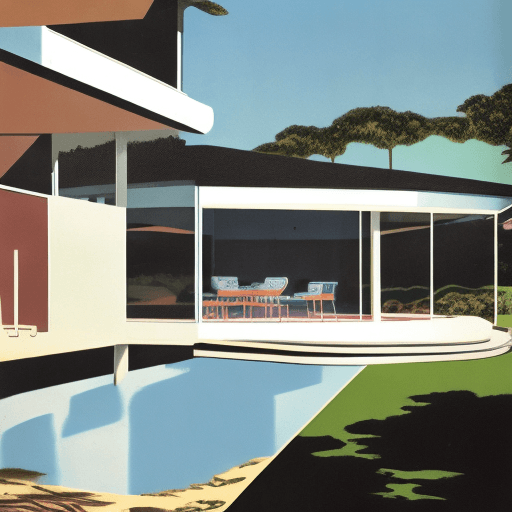 AI generated: Hyper realistic eye level exterior photo of a mid century modern style house overlooking the ocean, ...