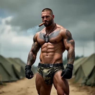 AI generated video: Flicking cigar, flexing both biceps and grinning.