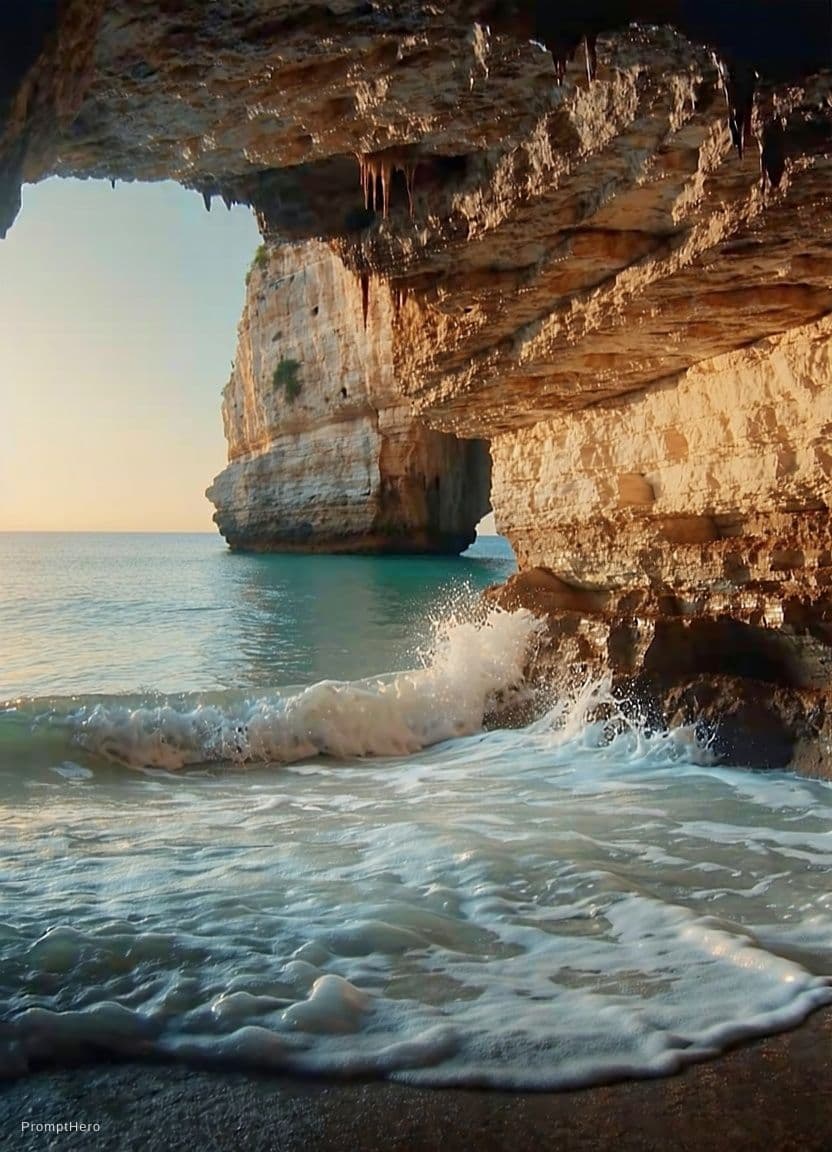 AI generated: A photorealistic, cinematic wide-angle shot from within a dark, rugged sea cave, looking out through...