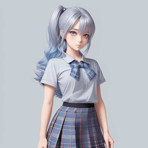 AI generated: Cute girl in plaid skirt showing her hair and shirt, in the style of anime aesthetic, silver and blu...