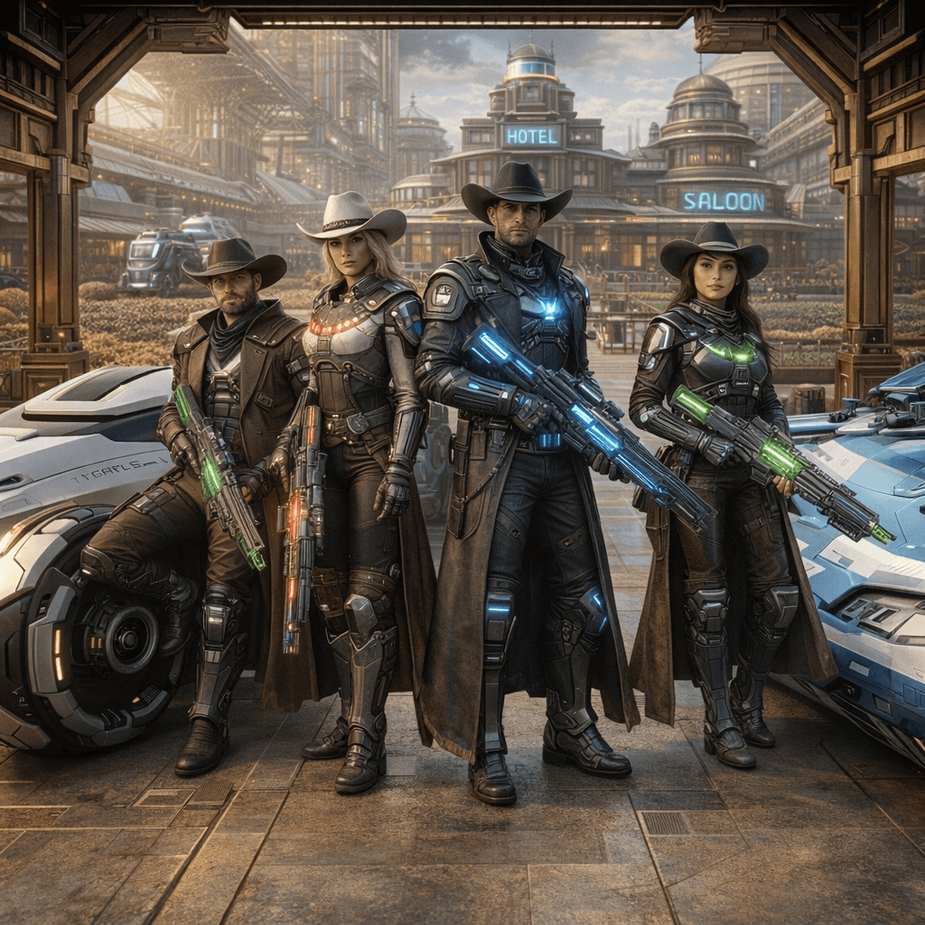 AI generated: Create an image of four futuristic, but different-looking, Human Cowboys and Cowgirls, posing comfor...