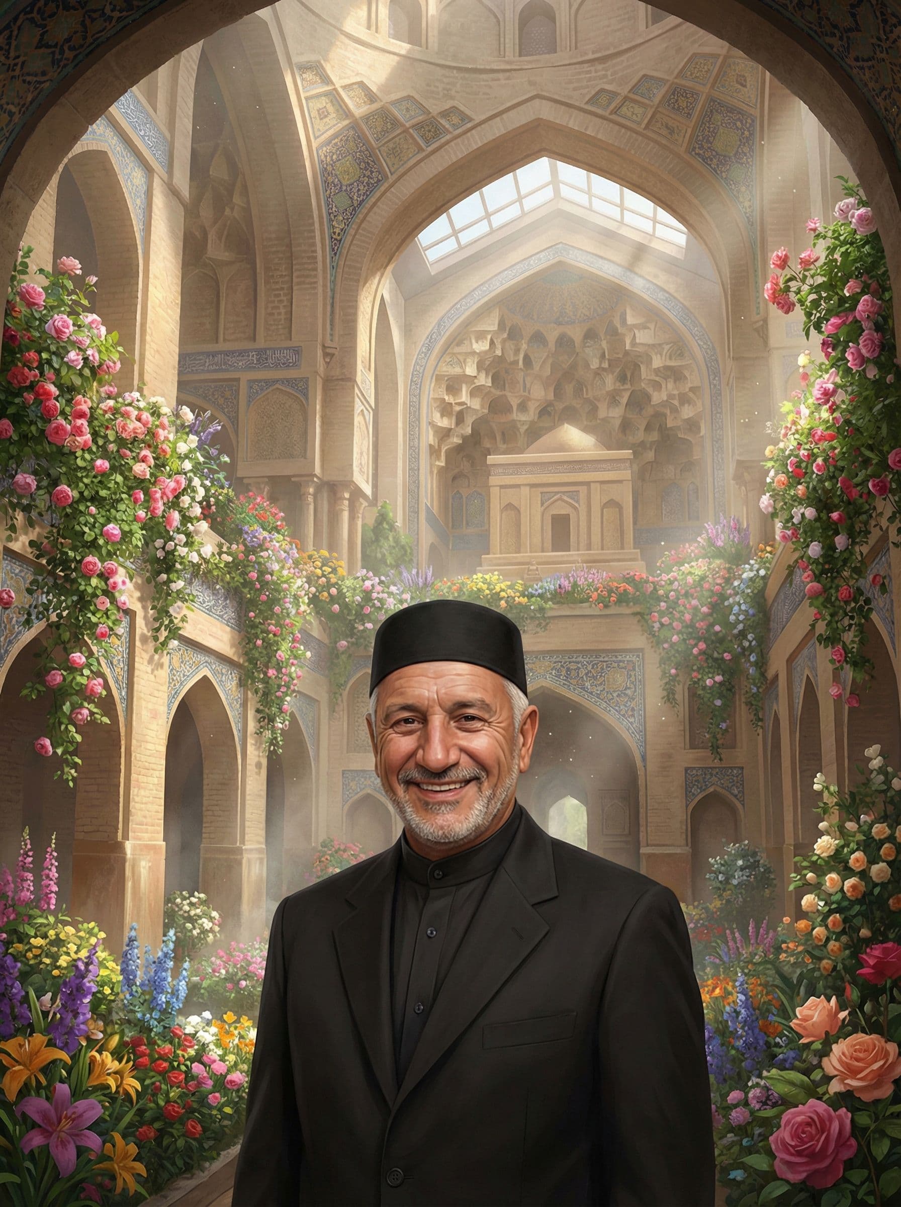 AI generated: Hanging Gardens, Persian architecture, Temple volume atrium light full of rose, vibrant flowers, arc...