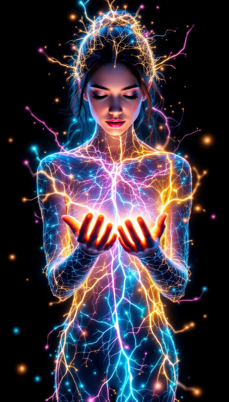 AI generated: A luminous 20-year-old woman, reaches her hands towards an unseen source, poised on her tiptoes, her...