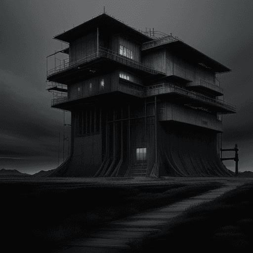 AI generated: old style manga drawing of a dark industrial structure in a menacing landscape, inspired in tsutomu ...