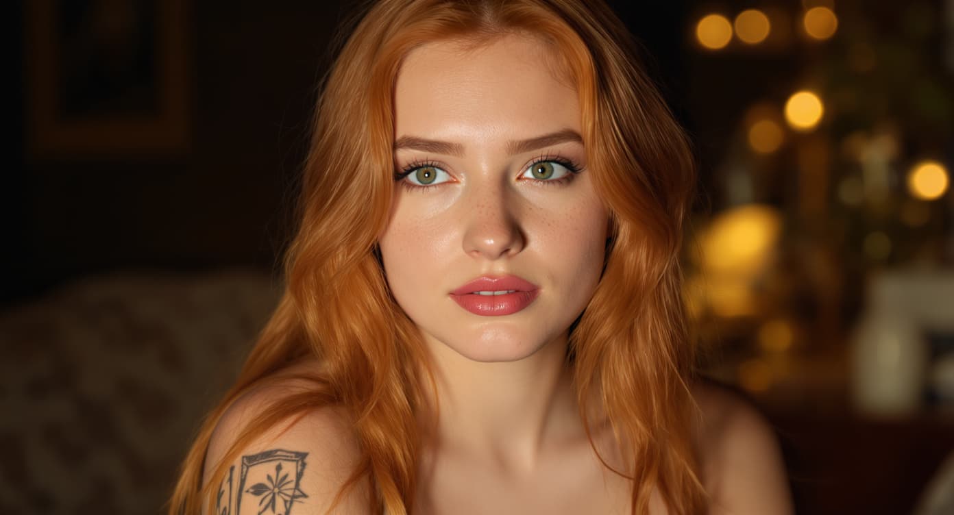 AI generated: A young, nude fair-skinned woman with vibrant, long, flowing auburn hair and delicate freckles acros...