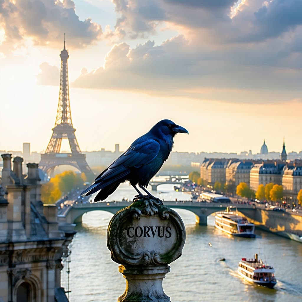 AI generated: Ultra Realistic image, square format (1:1). A black crow perched on the head of a weathered realisti...