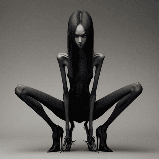 AI generated: very skinny slender girl, with long curved claws, with skinny legs and long skinny calves in high he...