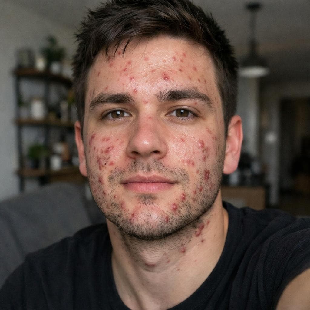 AI generated: a man with acne, selfie