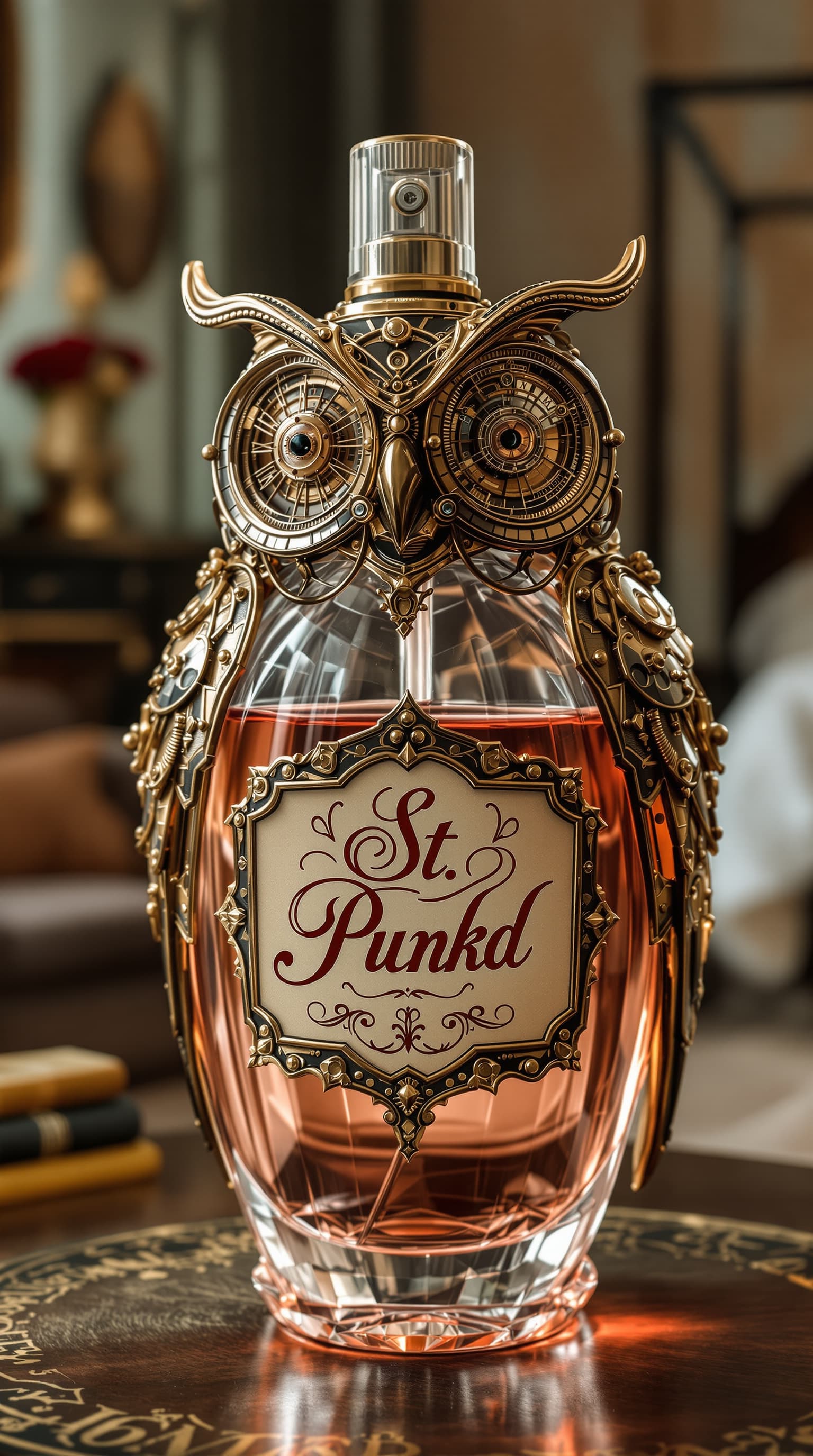 AI generated: A detailed Master crafted vintage steampunk perfume bottle and sprayer in the form of a clockwork st...