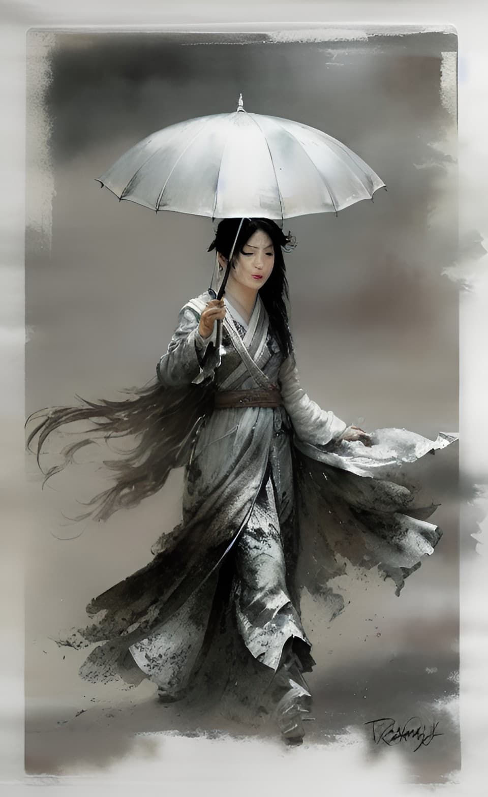AI generated: A woman in ancient Chinese clothing holds an umbrella and walks in the rain.