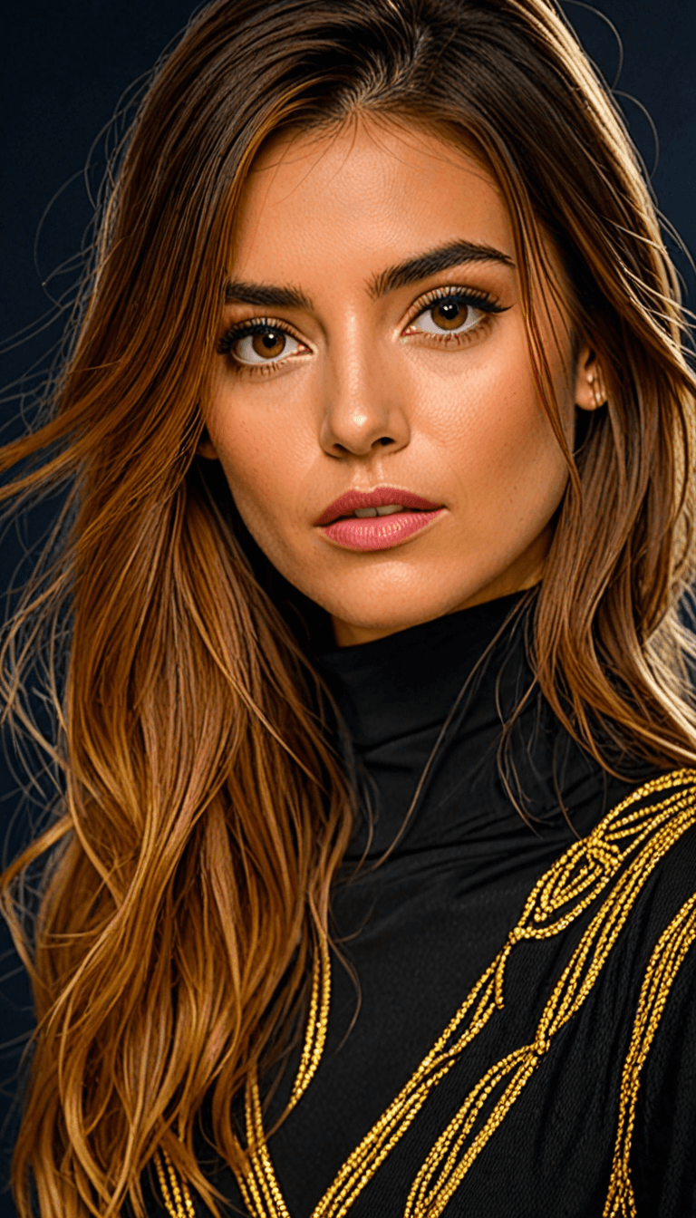 AI generated: A detailed portrait of a woman with long, wavy hair that has a gradient from dark brown to light bro...