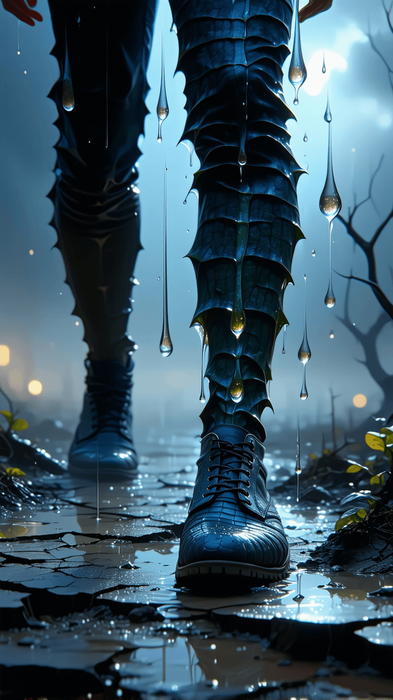 AI generated: A surreal macro shot of shimmering crocodile-shaped teardrops falling toward a man’s feet morphing i...