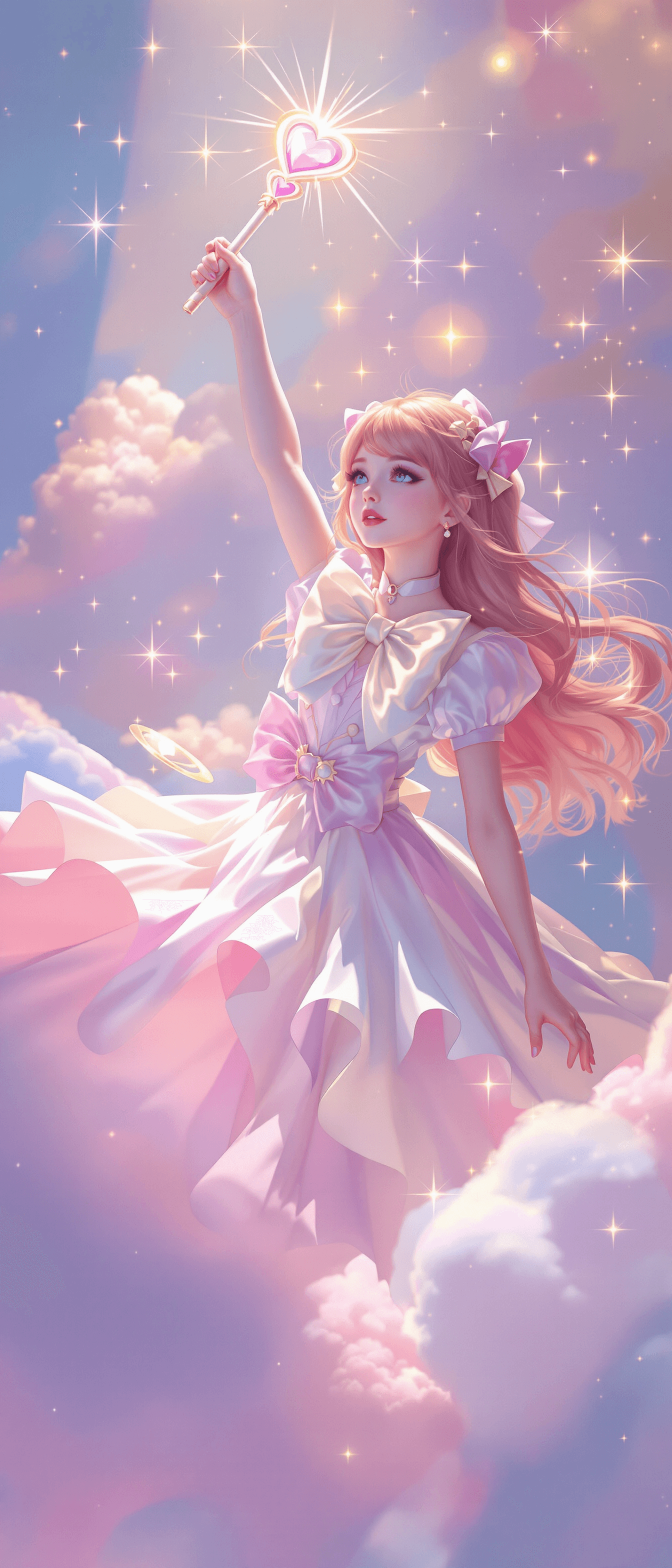 AI generated: Sadie Sink, a vibrant and radiant Magical Girl, posed in a soft-lit, pastel-hued environment, her fl...