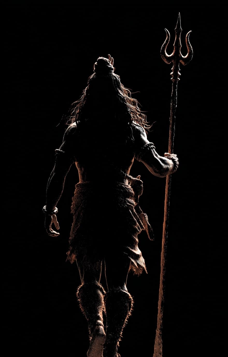 AI generated: Shiva with a trident, walking towards the camera in silhouette, full-body shot, backlit, low angle, ...