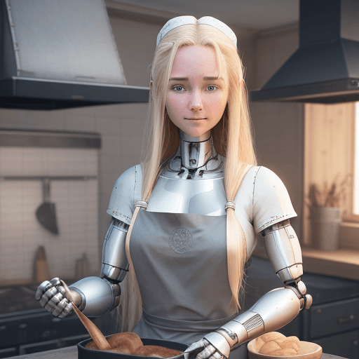 AI generated: Bare skin, apron, kitchen, cooking, reaching iron the oven, long hair, hair, smooth hair, blonde hai...