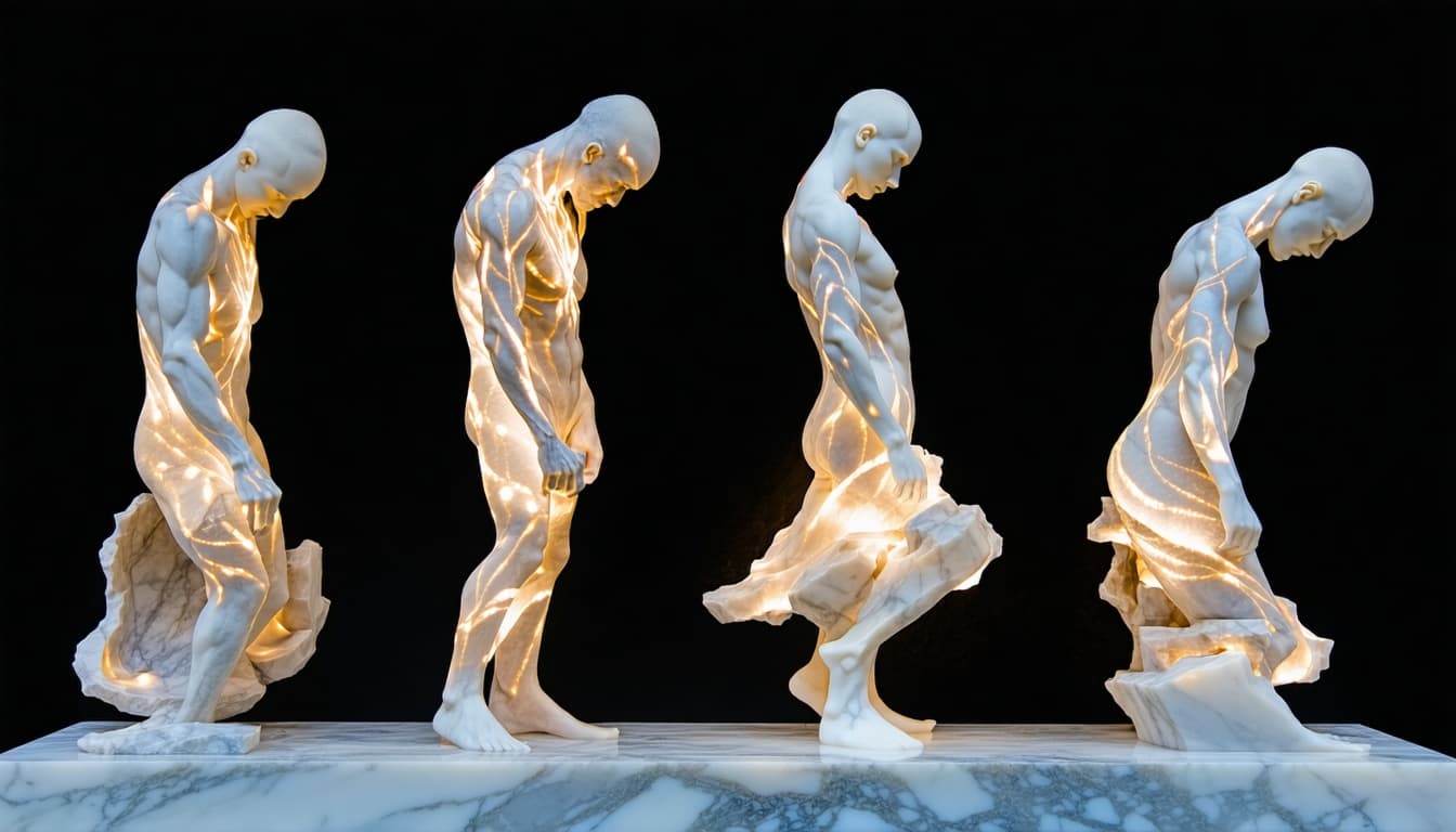 AI generated: A sculptor chiseling marble that transforms into living figures mid‑creation. 
The statues step dow...