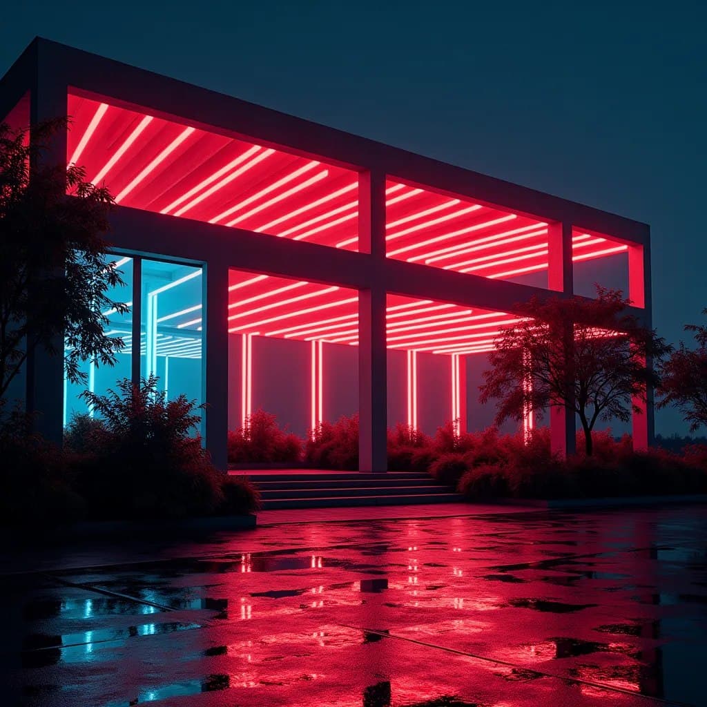 AI generated: cinematic, snap shooting, exterior night scene featuring an industrial building, structure filled wi...