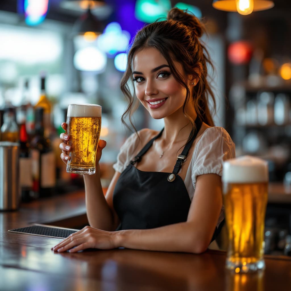 AI generated: female dressed as bartender, standing behind bar, serving beer, gorgeous, attractive, smiling, (((fu...